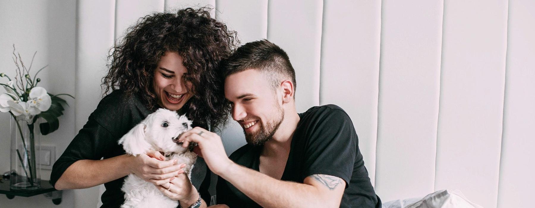 a man and woman sitting on a bed playing with a dog
