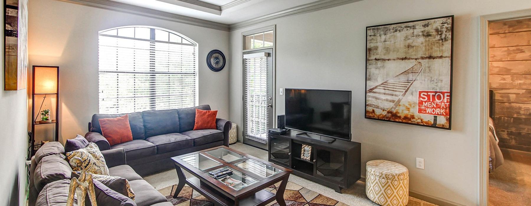 a living room with a tv and couches