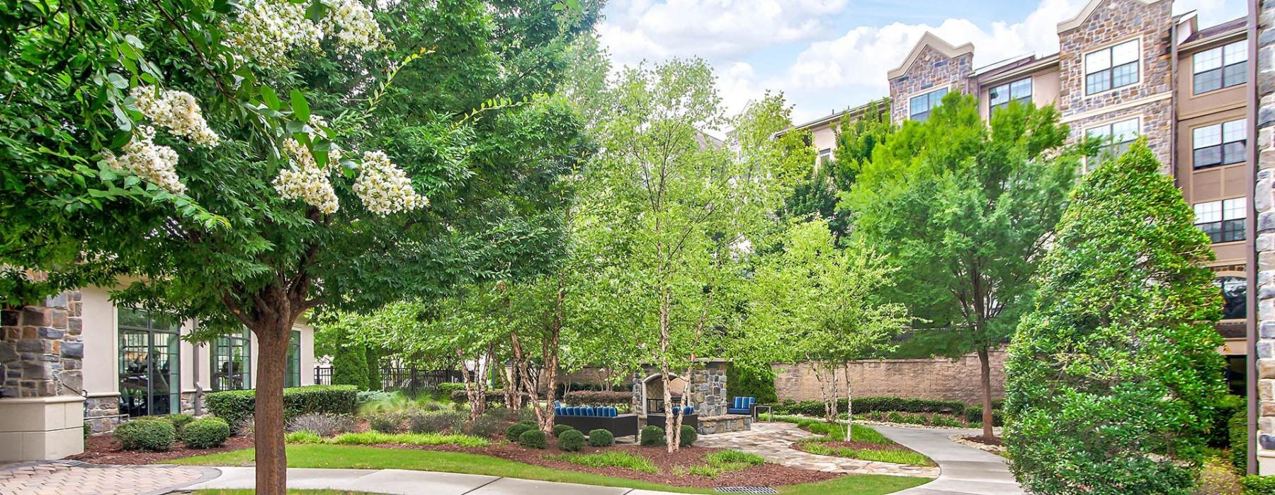 a courtyard with trees and buildings